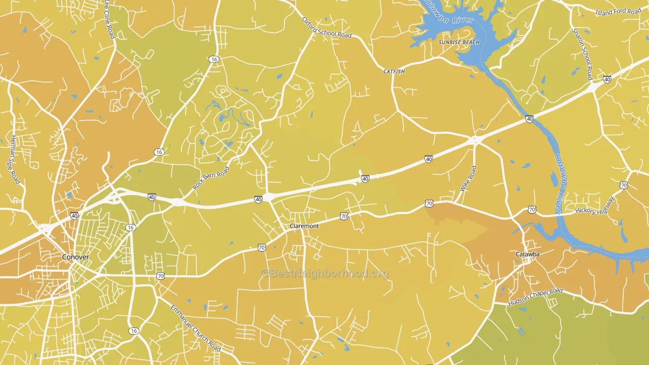 Map of the best neighborhoods in the 28610 area, with better matches in green and worse matches in red