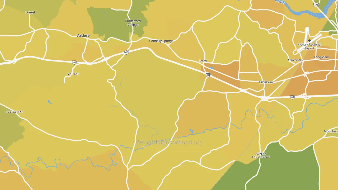 Map of the best neighborhoods in the 28612 area, with better matches in green and worse matches in red