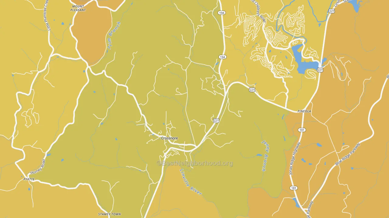 Map of the best neighborhoods in the 28616 area, with better matches in green and worse matches in red