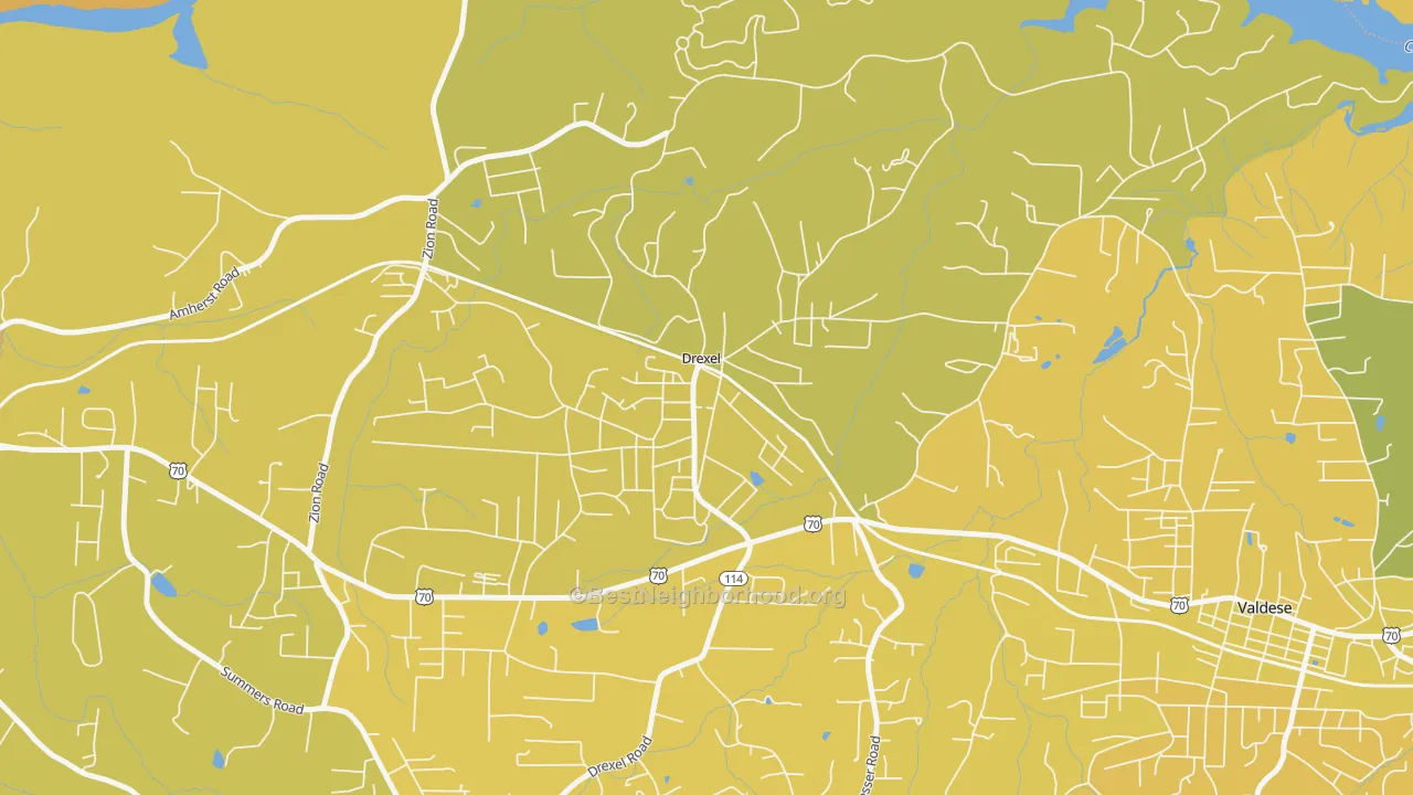 Map of the best neighborhoods in the 28619 area, with better matches in green and worse matches in red