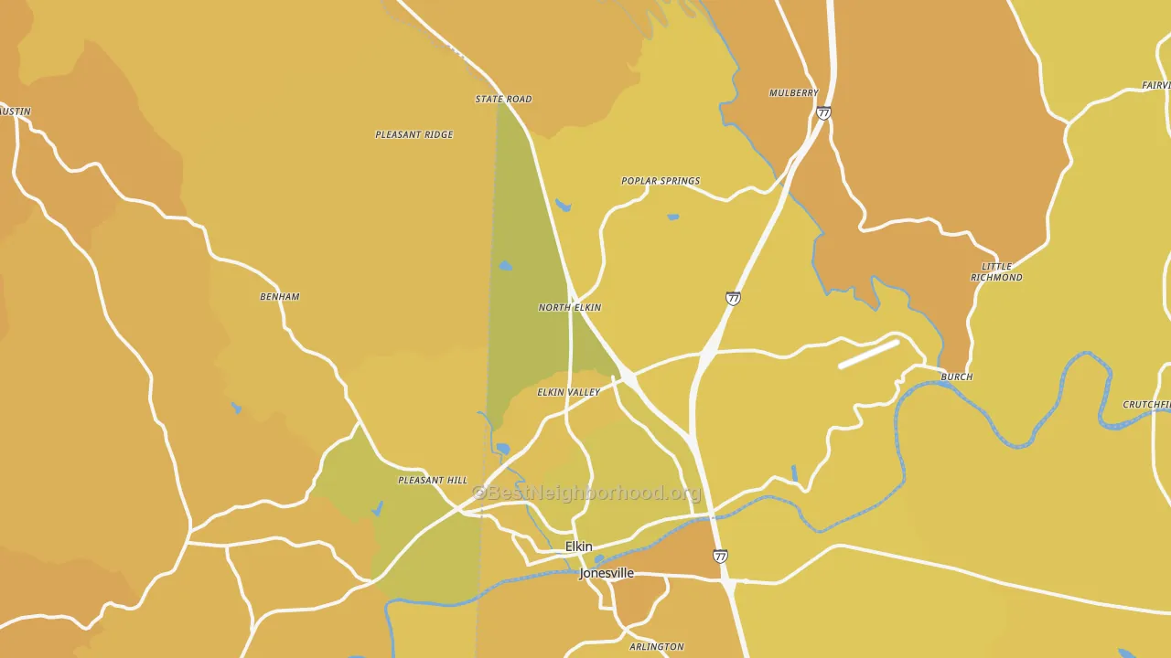 Map of the best neighborhoods in the 28621 area, with better matches in green and worse matches in red