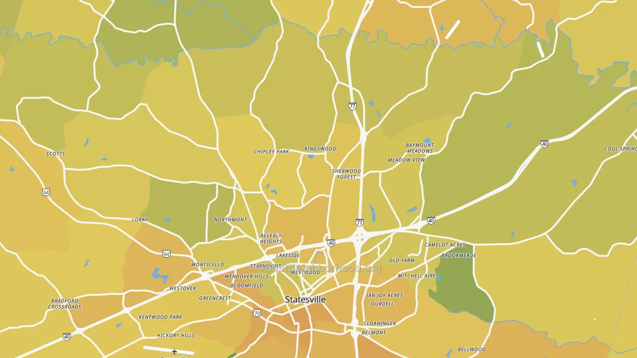 Map of the best neighborhoods in the 28625 area, with better matches in green and worse matches in red