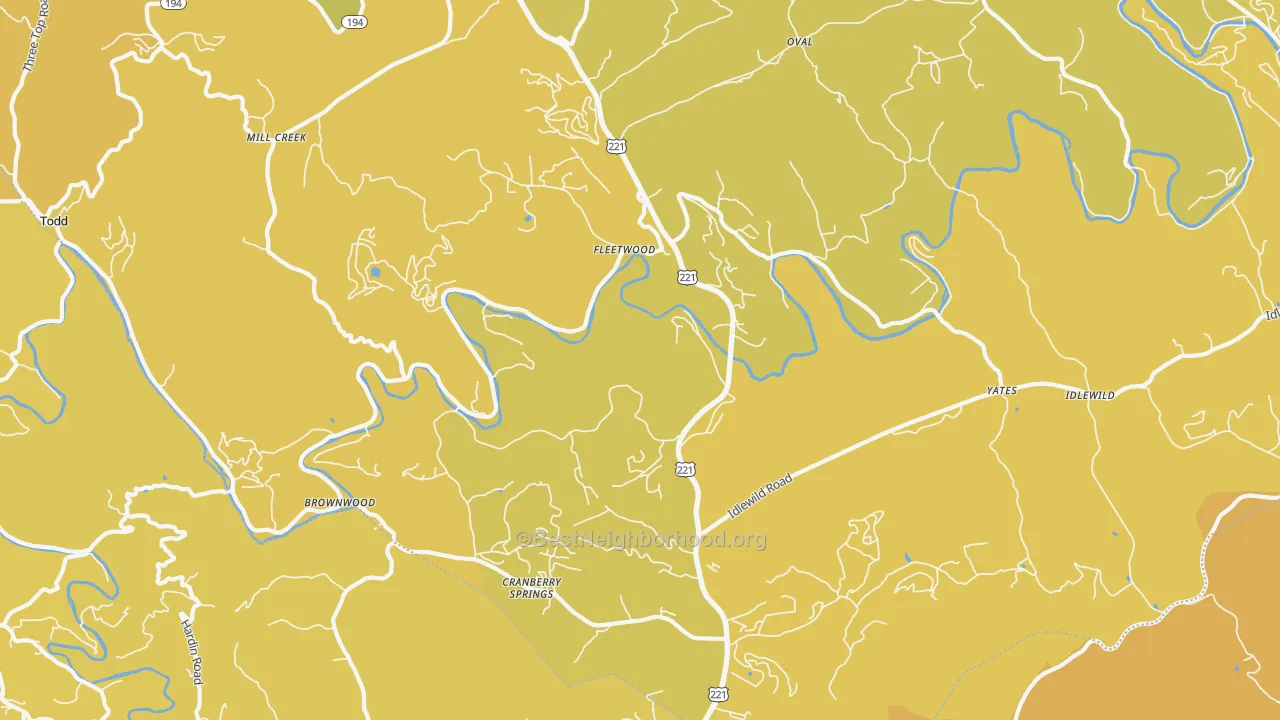 Map of the best neighborhoods in the 28626 area, with better matches in green and worse matches in red