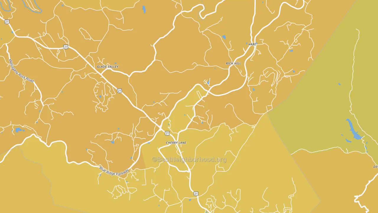Map of the best neighborhoods in the 28627 area, with better matches in green and worse matches in red