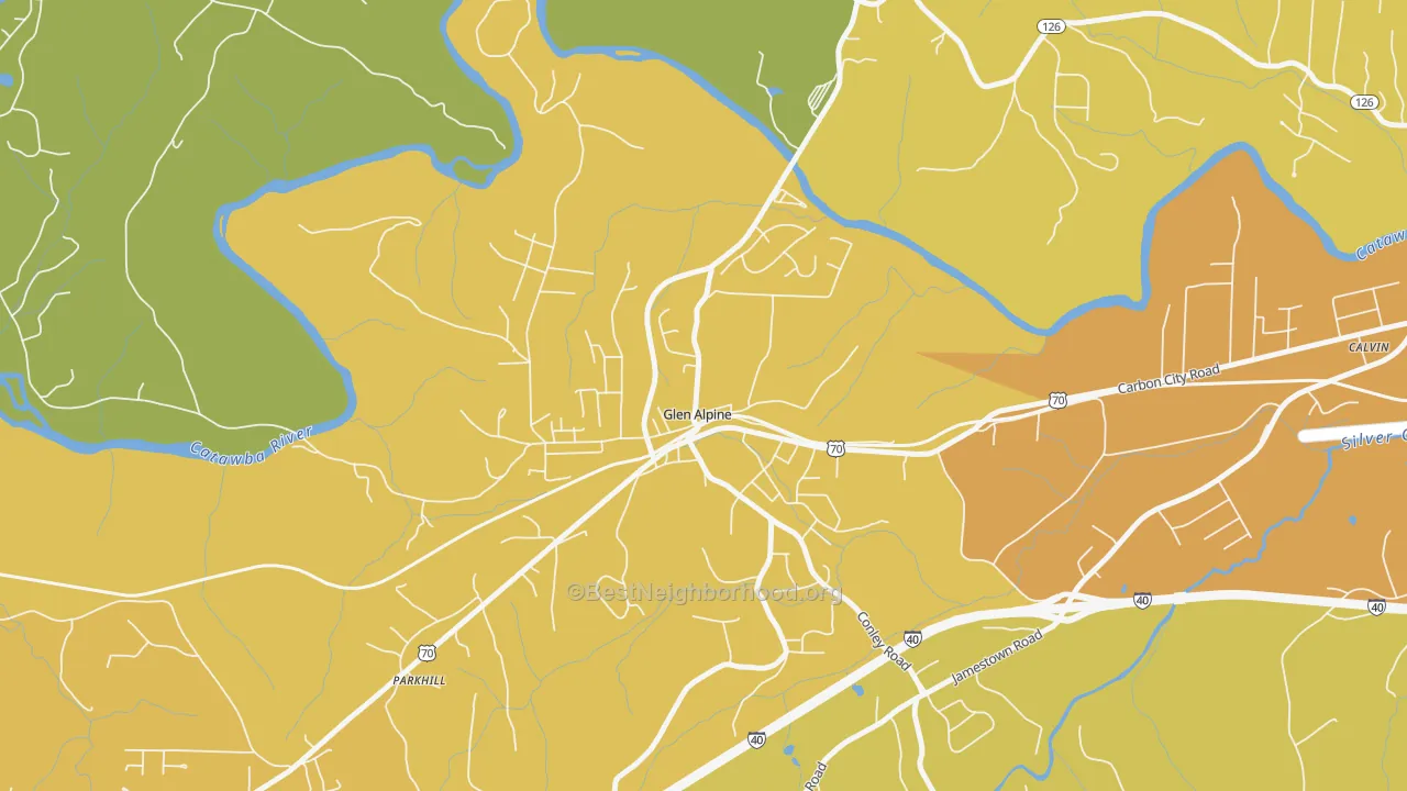 Map of the best neighborhoods in the 28628 area, with better matches in green and worse matches in red