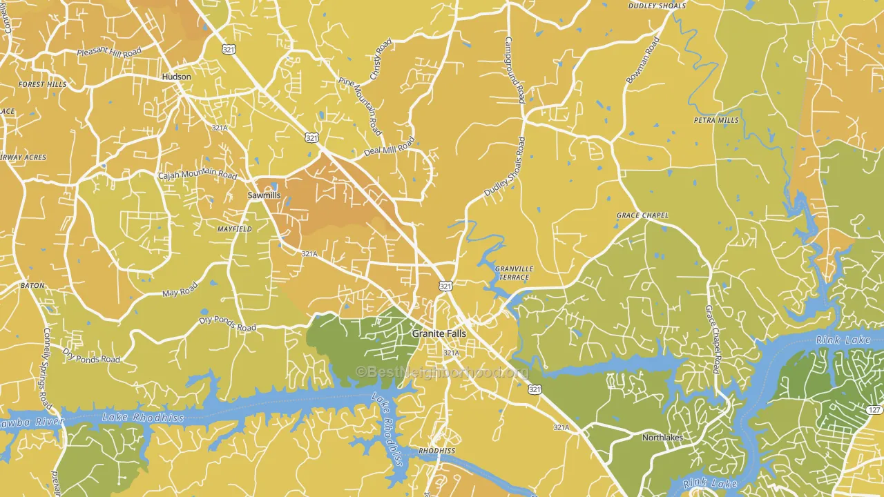 Map of the best neighborhoods in the 28630 area, with better matches in green and worse matches in red