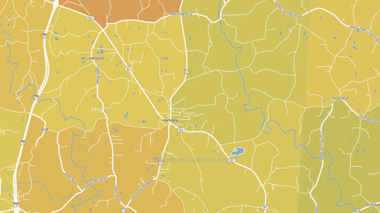 Map of the best neighborhoods in the 28634 area, with better matches in green and worse matches in red