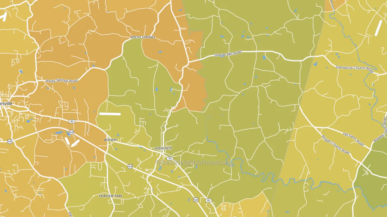 Map of the best neighborhoods in the 28636 area, with better matches in green and worse matches in red