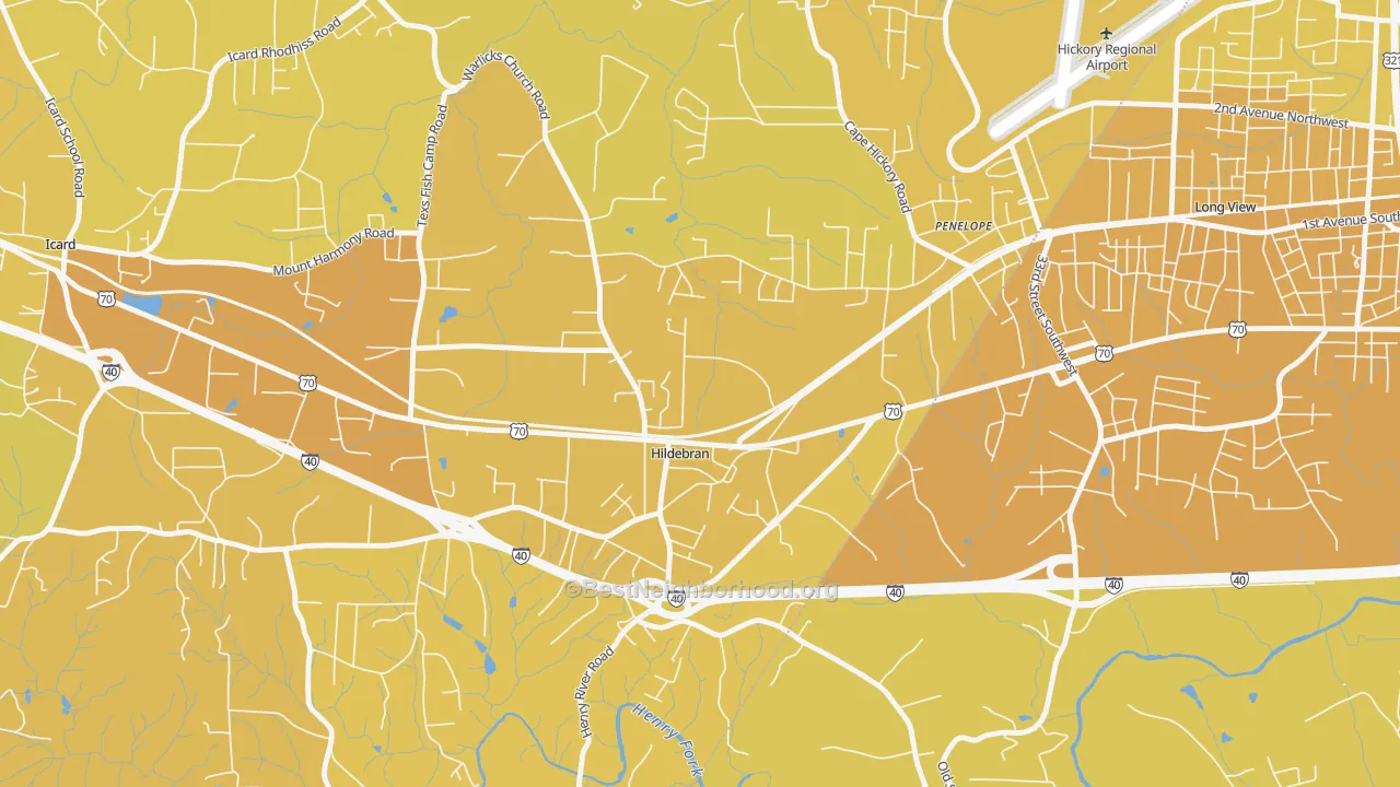 Map of the best neighborhoods in the 28637 area, with better matches in green and worse matches in red