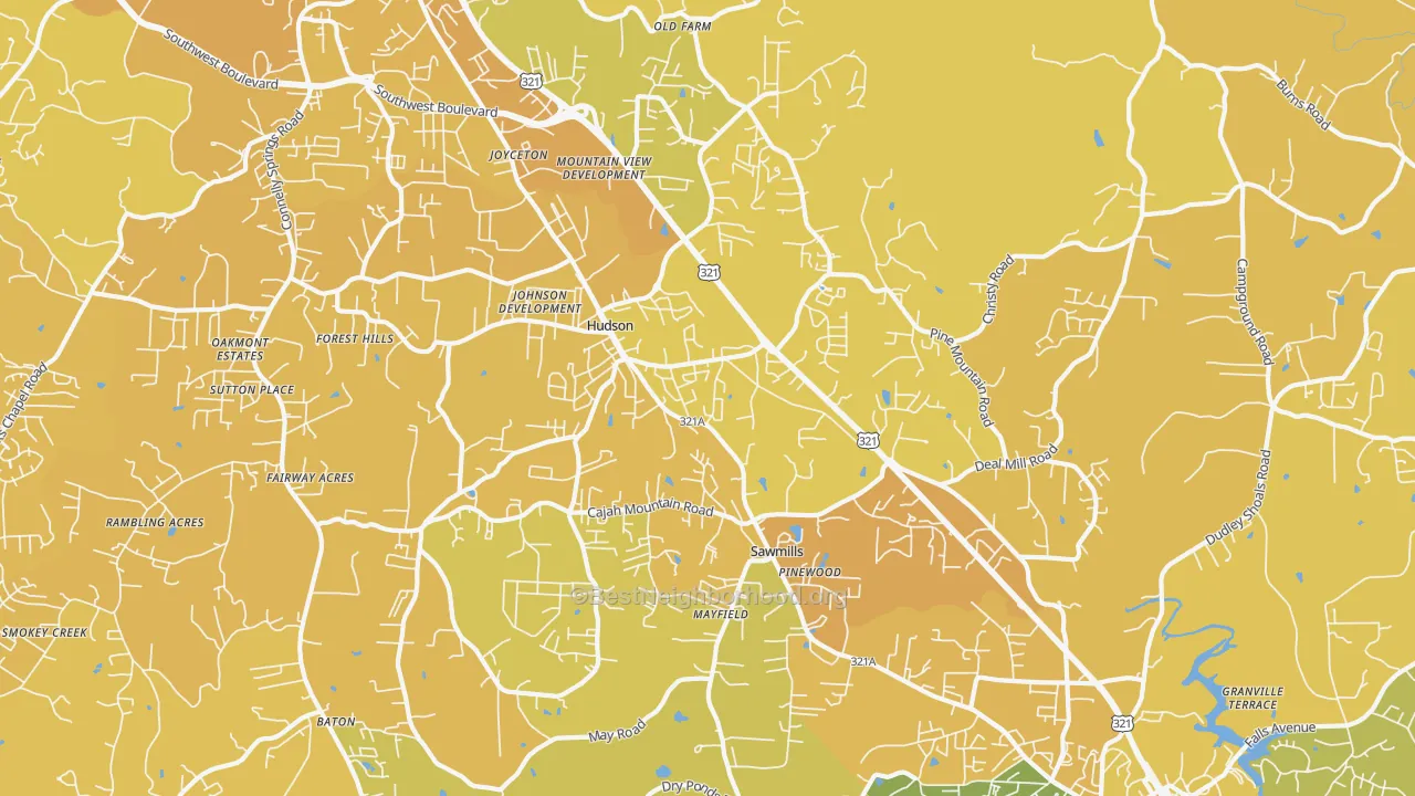 Map of the best neighborhoods in the 28638 area, with better matches in green and worse matches in red