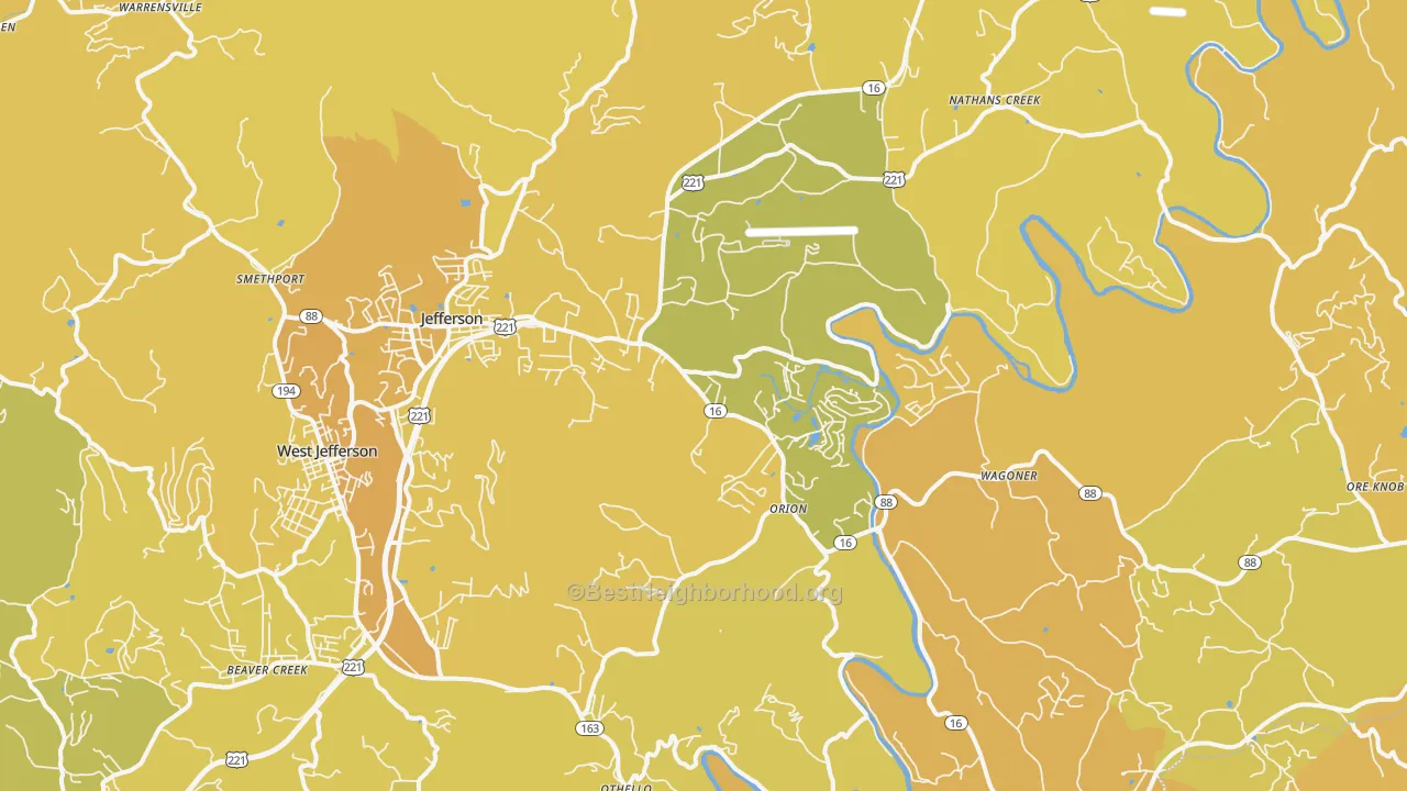 Map of the best neighborhoods in the 28640 area, with better matches in green and worse matches in red