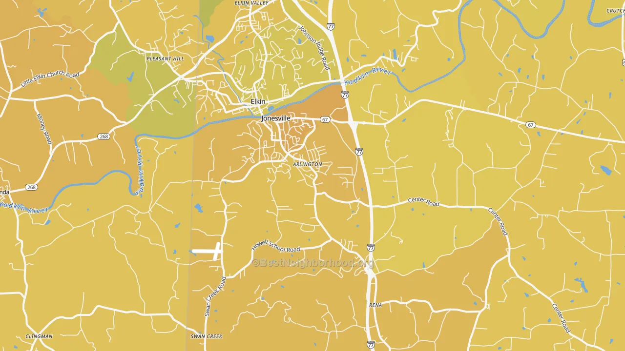 Map of the best neighborhoods in the 28642 area, with better matches in green and worse matches in red