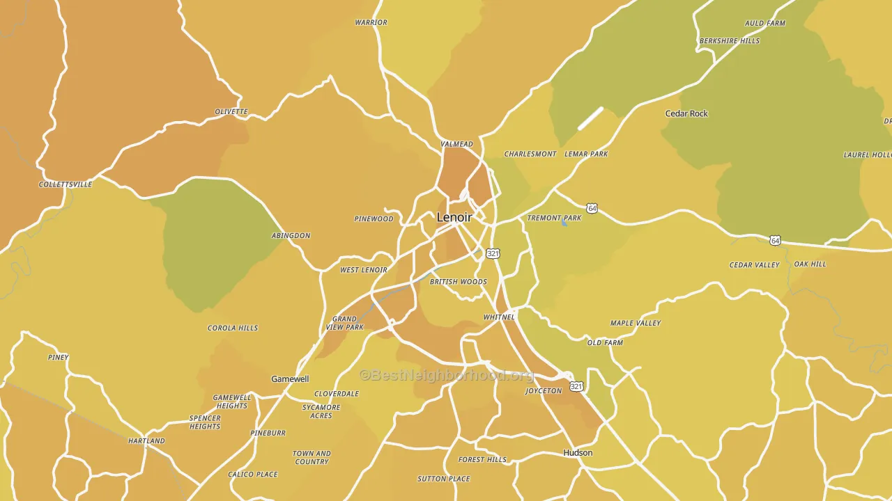 Map of the best neighborhoods in the 28645 area, with better matches in green and worse matches in red