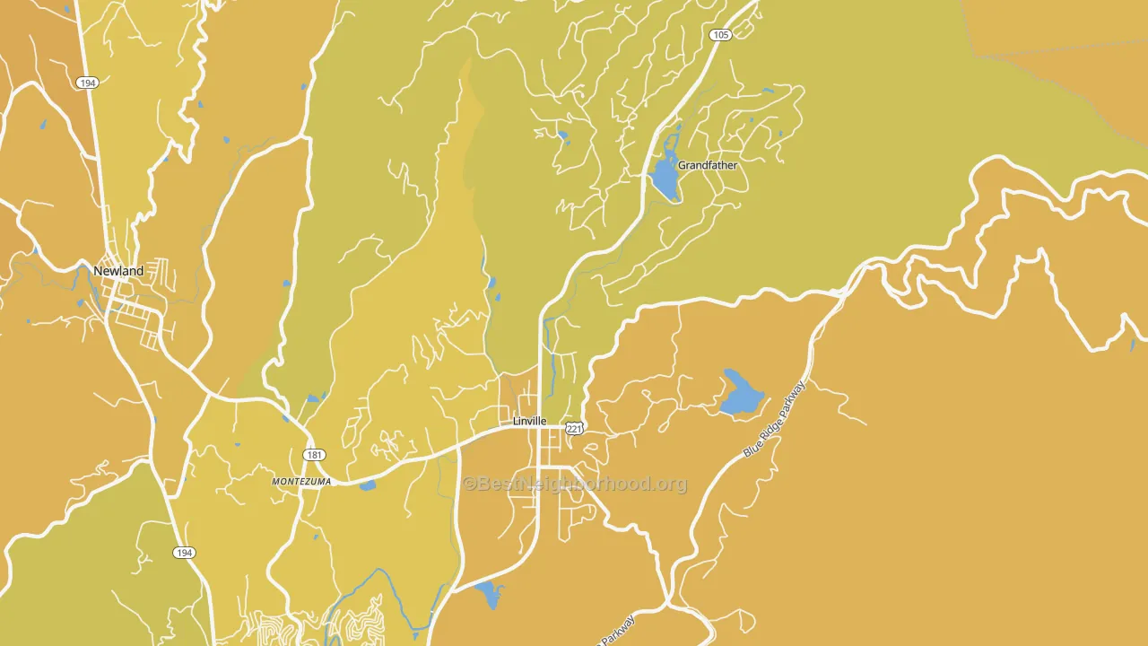 Map of the best neighborhoods in the 28646 area, with better matches in green and worse matches in red