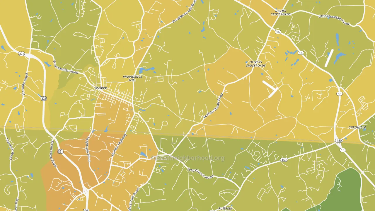 Map of the best neighborhoods in the 28650 area, with better matches in green and worse matches in red