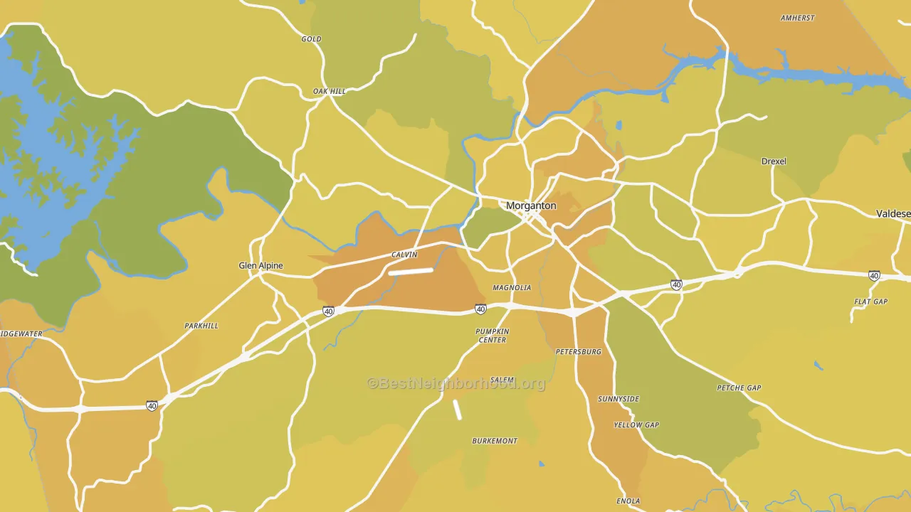 Map of the best neighborhoods in the 28655 area, with better matches in green and worse matches in red