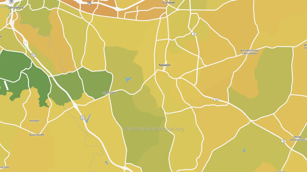Map of the best neighborhoods in the 28658 area, with better matches in green and worse matches in red