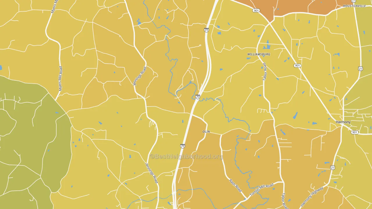 Map of the best neighborhoods in the 28660 area, with better matches in green and worse matches in red