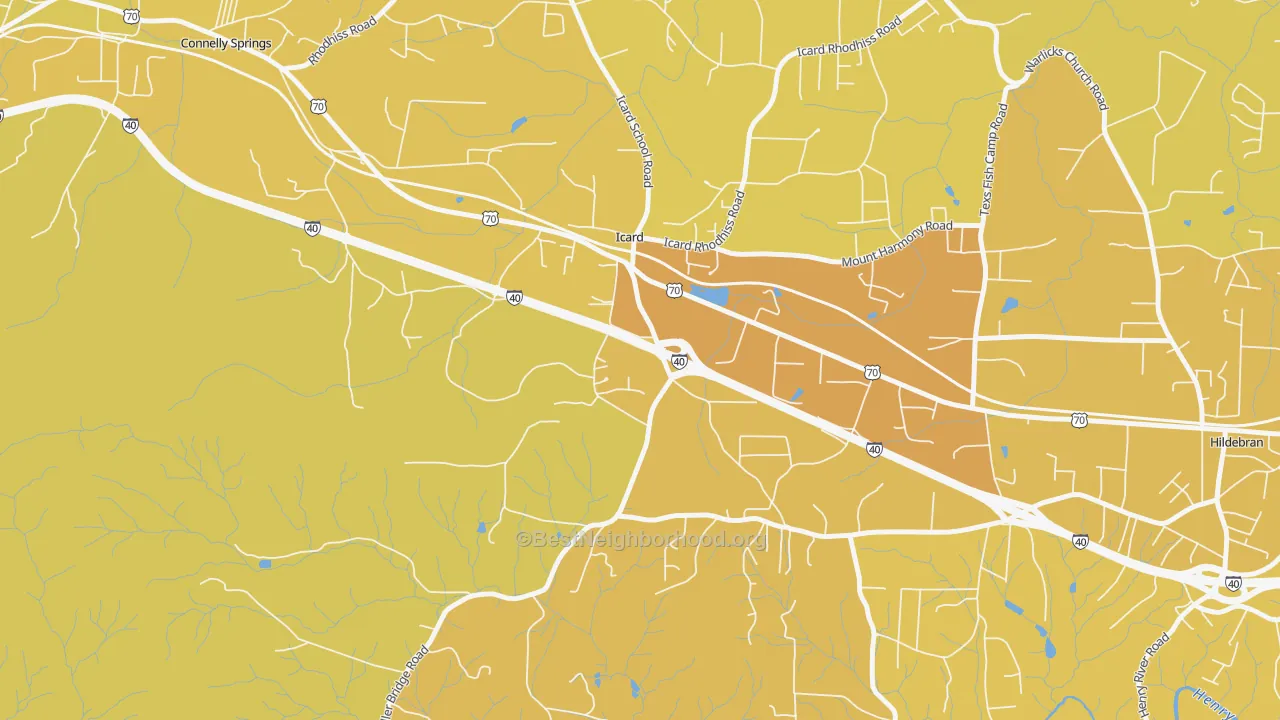 Map of the best neighborhoods in the 28666 area, with better matches in green and worse matches in red