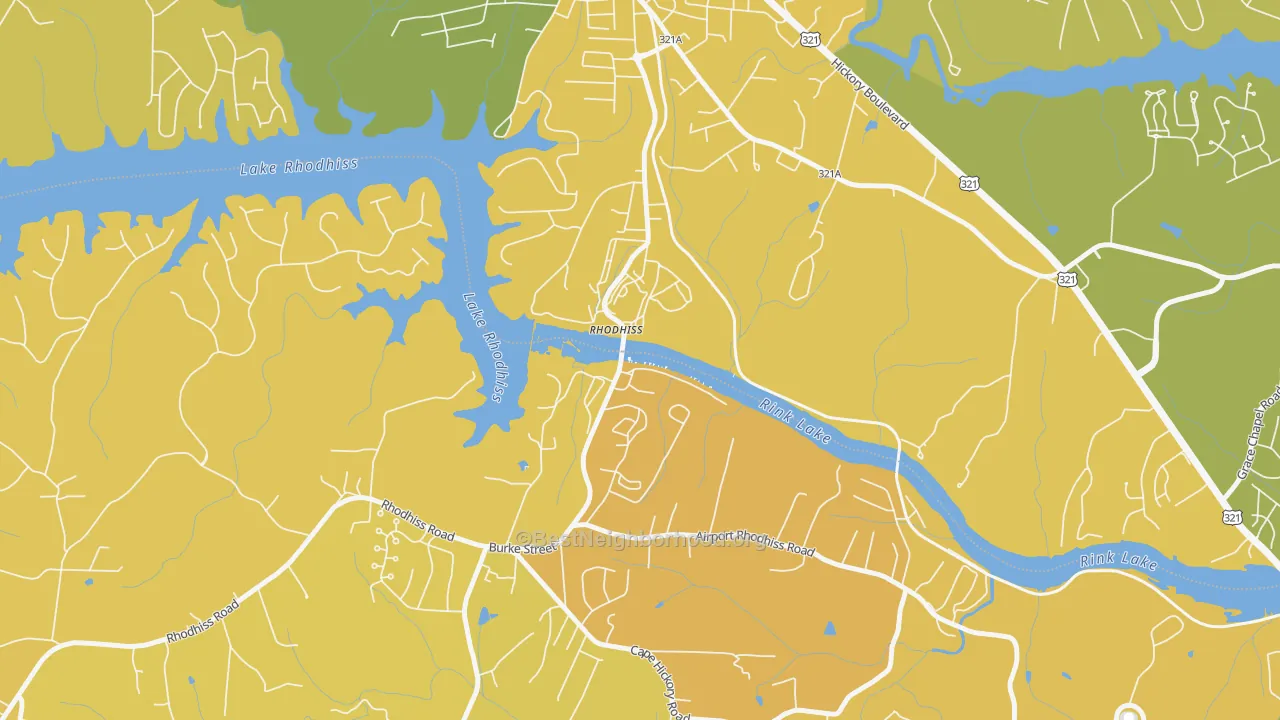Map of the best neighborhoods in the 28667 area, with better matches in green and worse matches in red