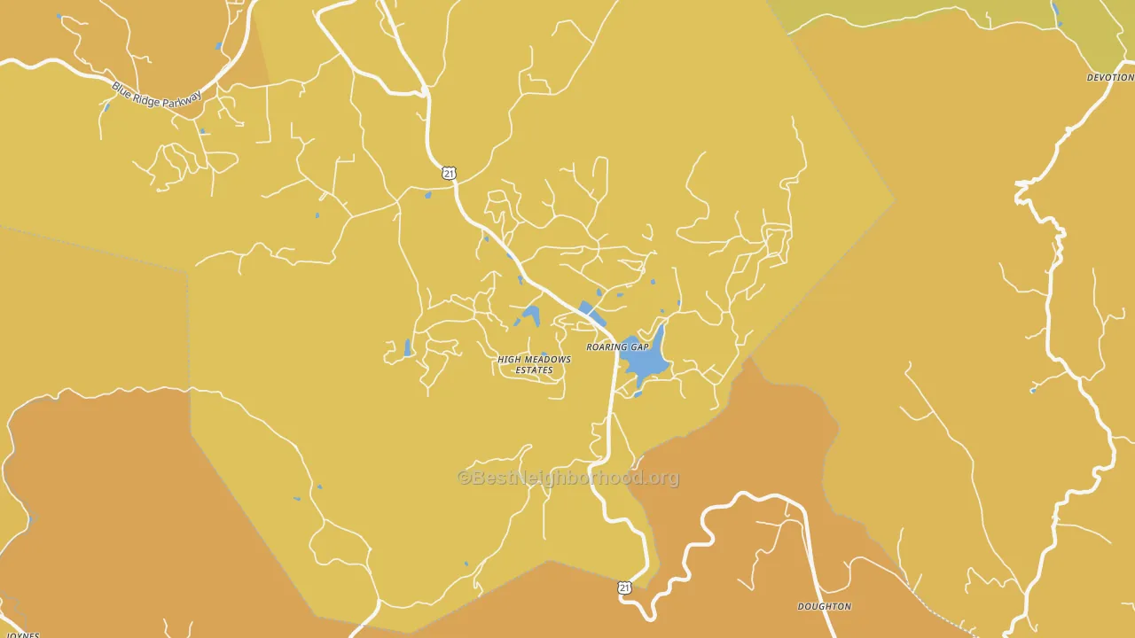 Map of the best neighborhoods in the 28668 area, with better matches in green and worse matches in red
