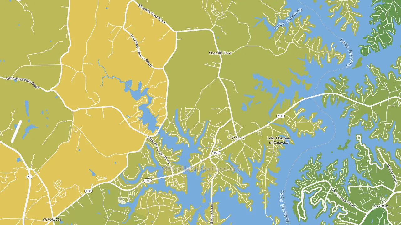 Map of the best neighborhoods in the 28673 area, with better matches in green and worse matches in red