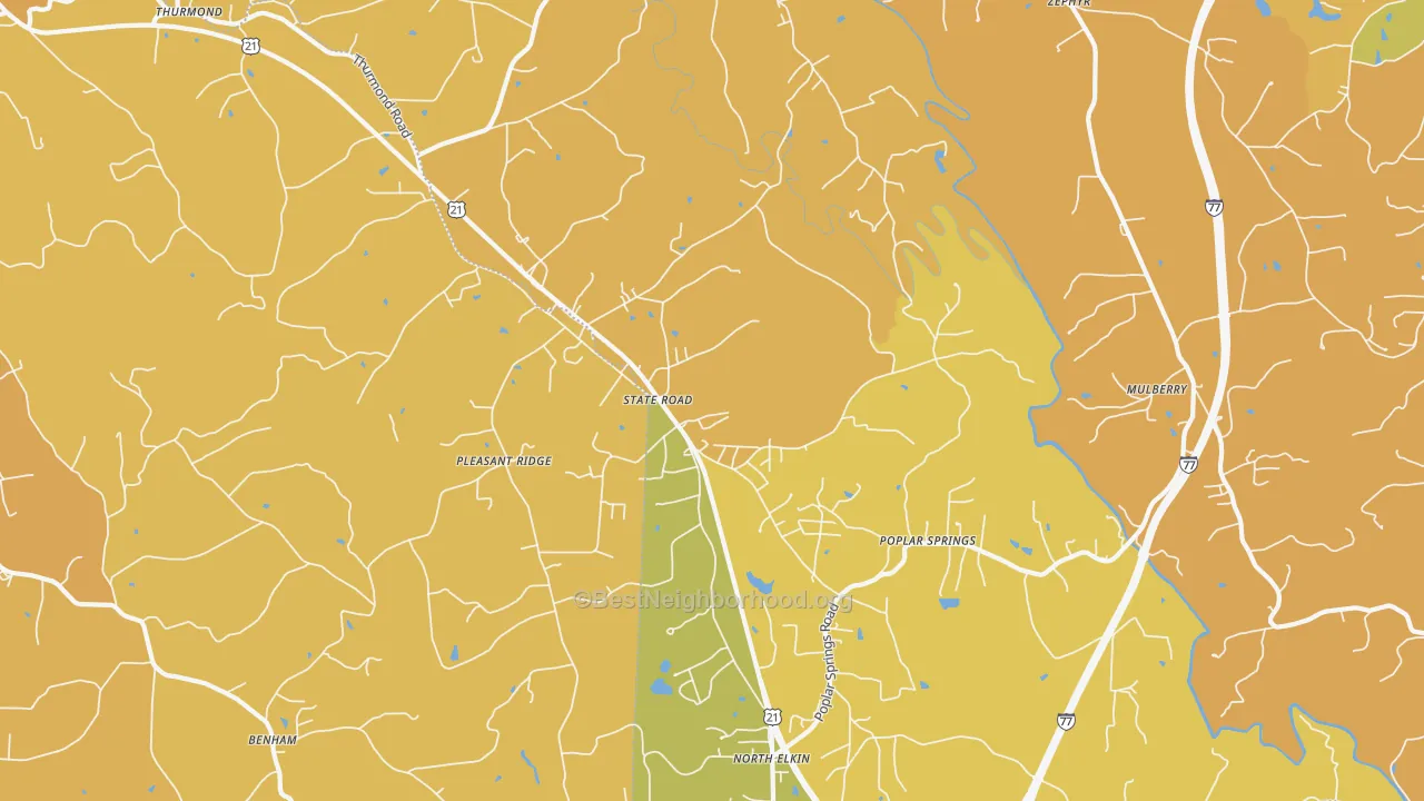 Map of the best neighborhoods in the 28676 area, with better matches in green and worse matches in red
