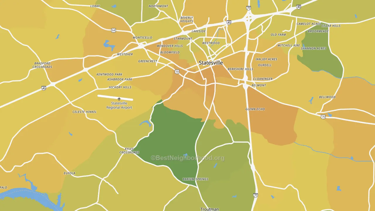 Map of the best neighborhoods in the 28677 area, with better matches in green and worse matches in red