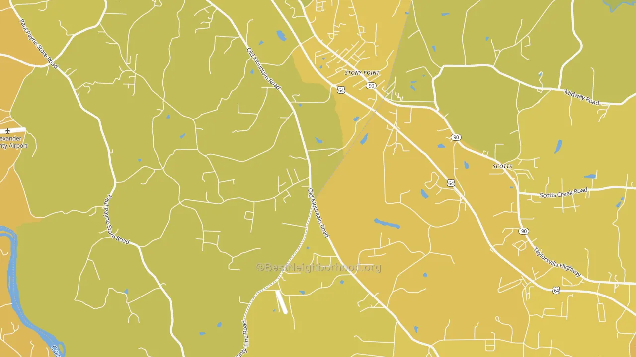 Map of the best neighborhoods in the 28678 area, with better matches in green and worse matches in red