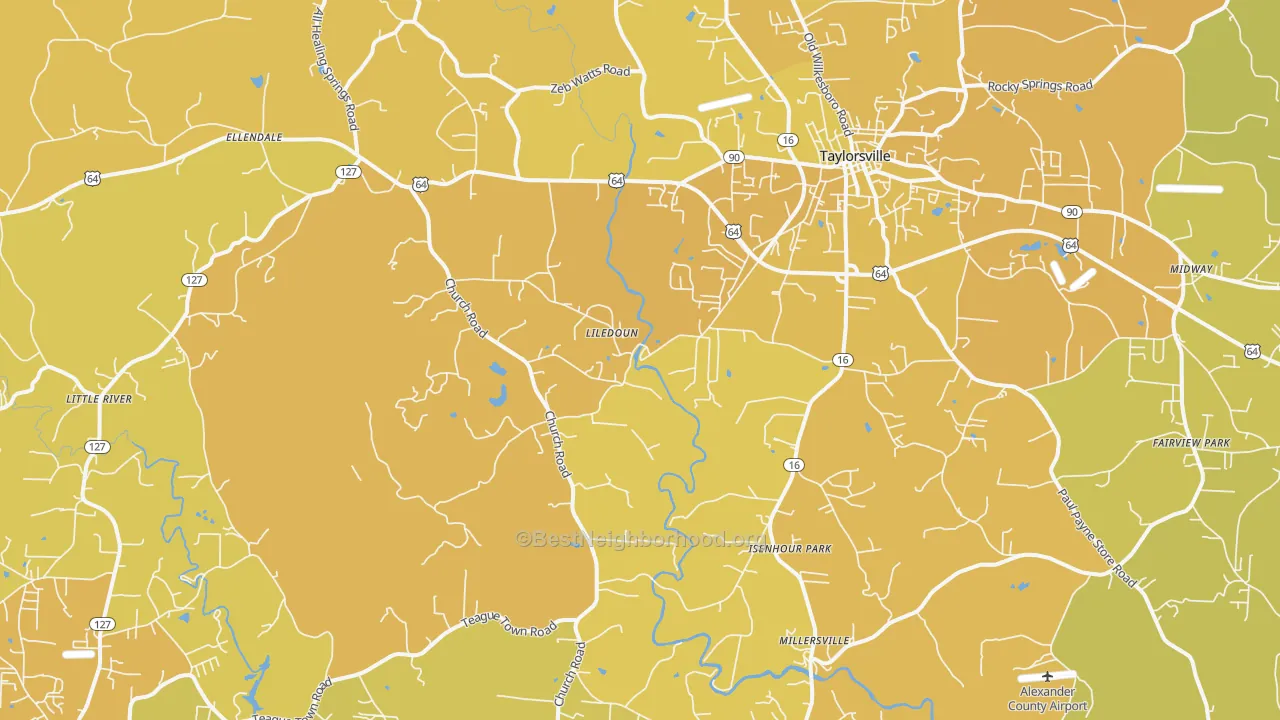 Map of the best neighborhoods in the 28681 area, with better matches in green and worse matches in red