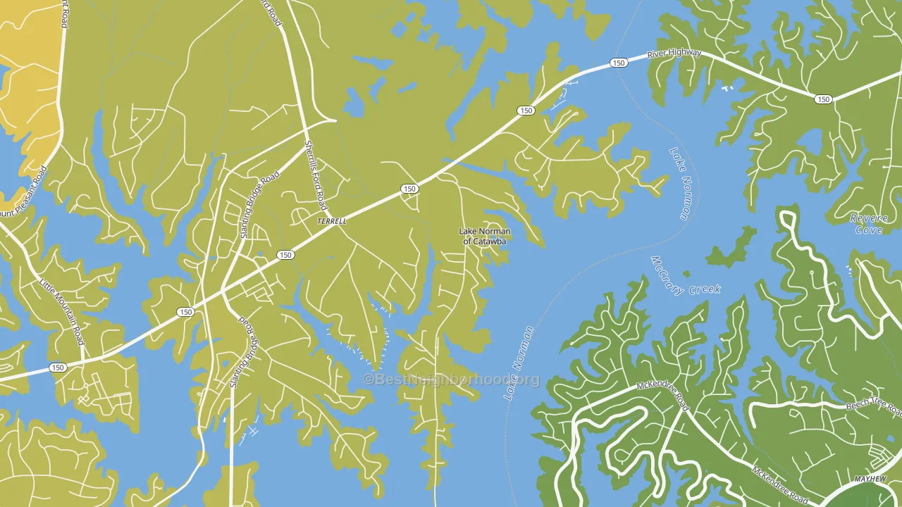 Map of the best neighborhoods in the 28682 area, with better matches in green and worse matches in red