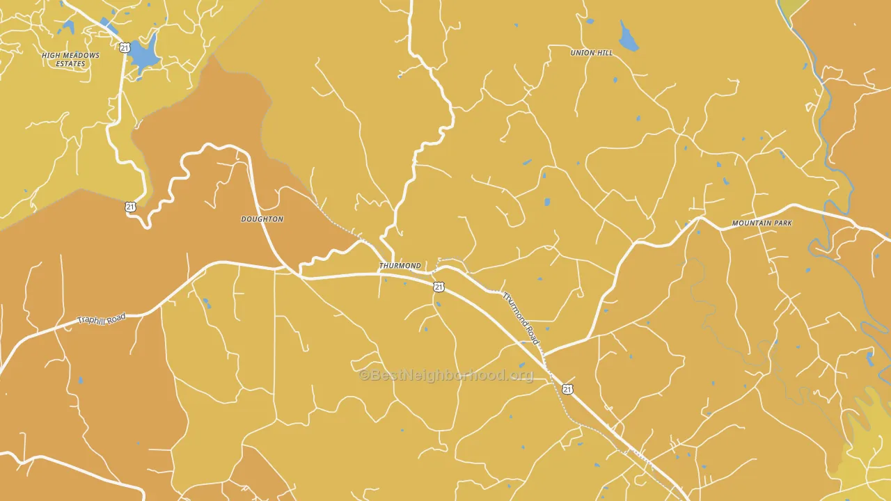 Map of the best neighborhoods in the 28683 area, with better matches in green and worse matches in red