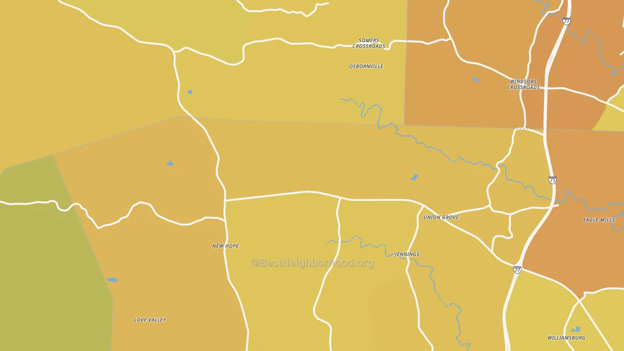 Map of the best neighborhoods in the 28689 area, with better matches in green and worse matches in red