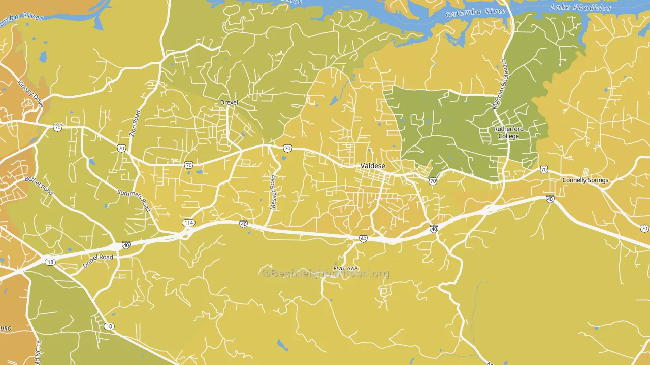 Map of the best neighborhoods in the 28690 area, with better matches in green and worse matches in red