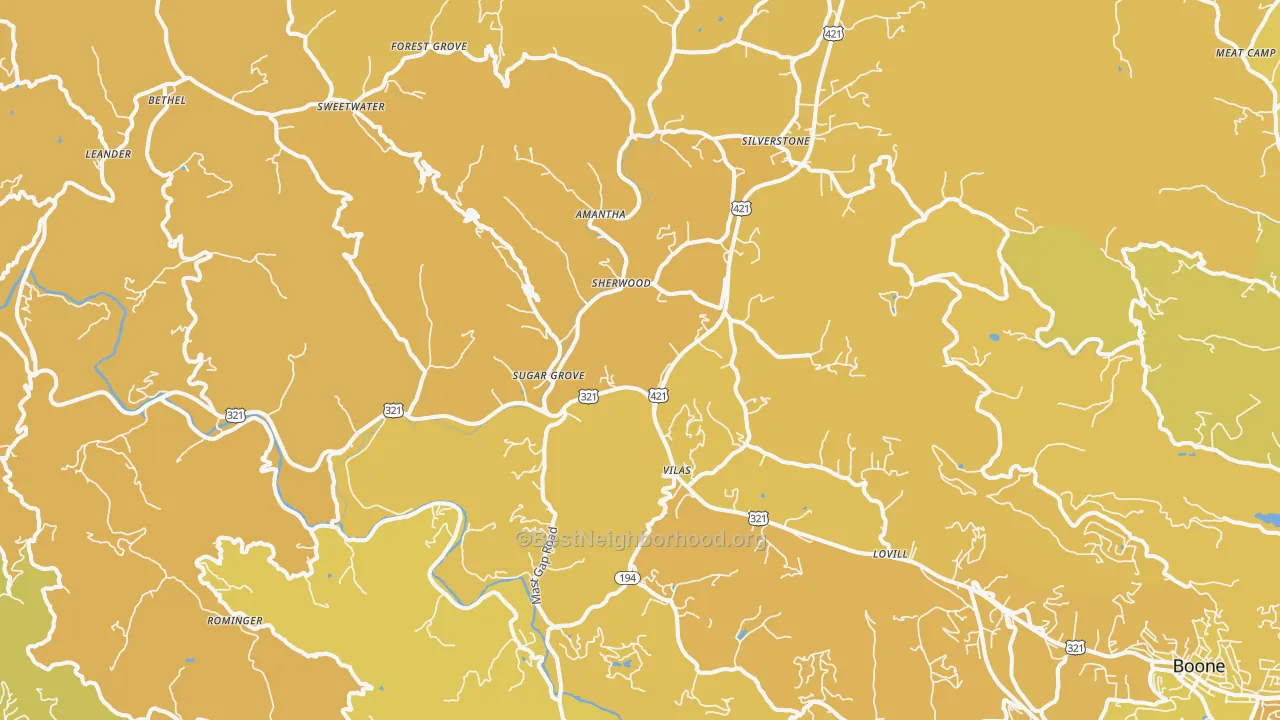 Map of the best neighborhoods in the 28692 area, with better matches in green and worse matches in red