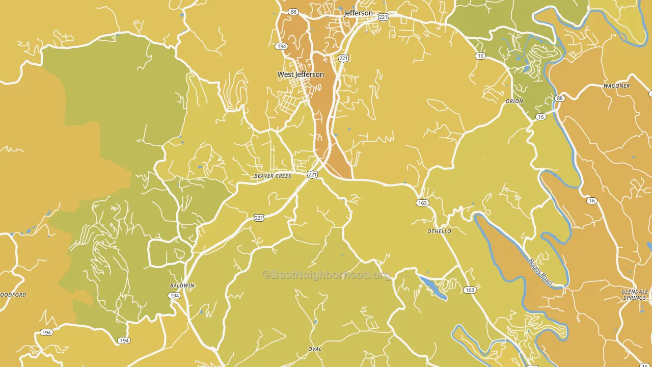 Map of the best neighborhoods in the 28694 area, with better matches in green and worse matches in red