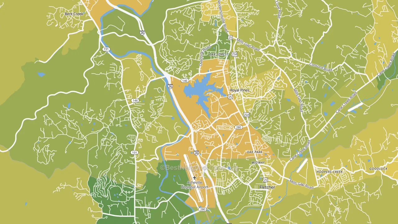 Map of the best neighborhoods in the 28704 area, with better matches in green and worse matches in red
