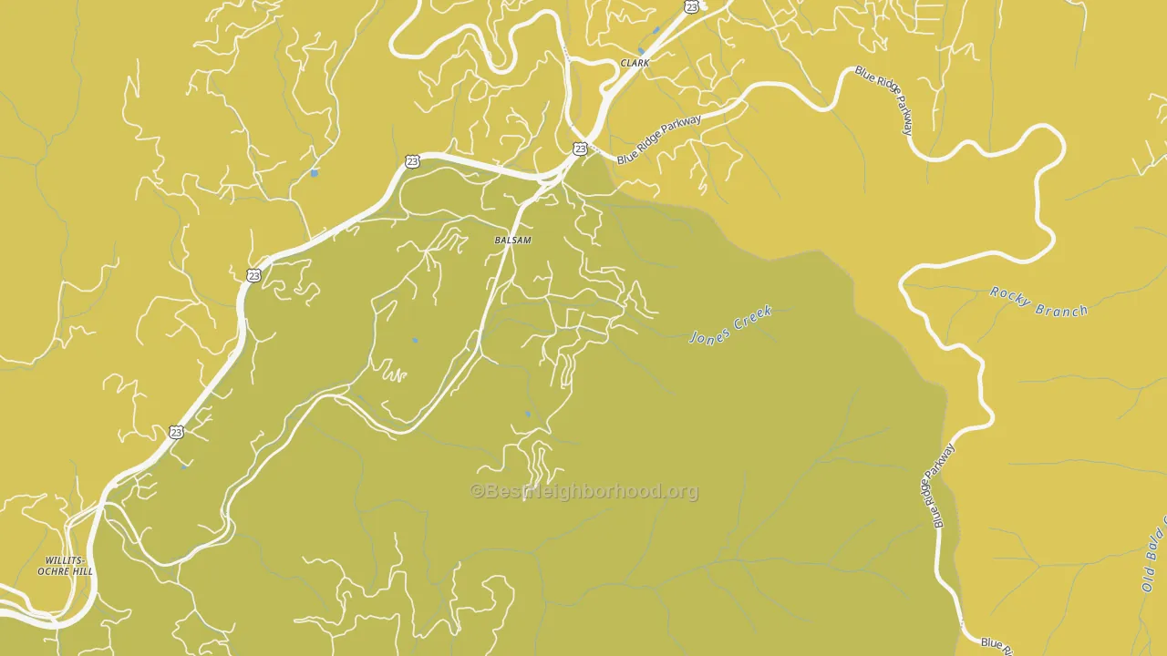 Map of the best neighborhoods in the 28707 area, with better matches in green and worse matches in red