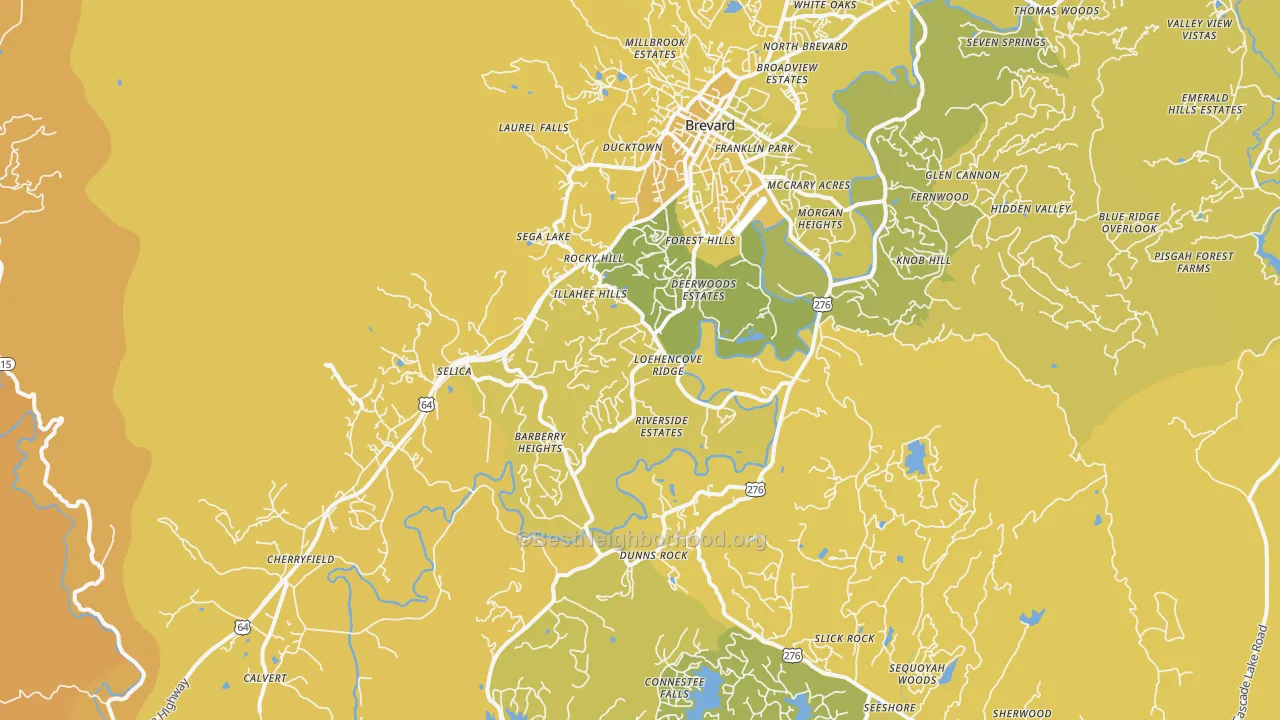 Map of the best neighborhoods in the 28712 area, with better matches in green and worse matches in red