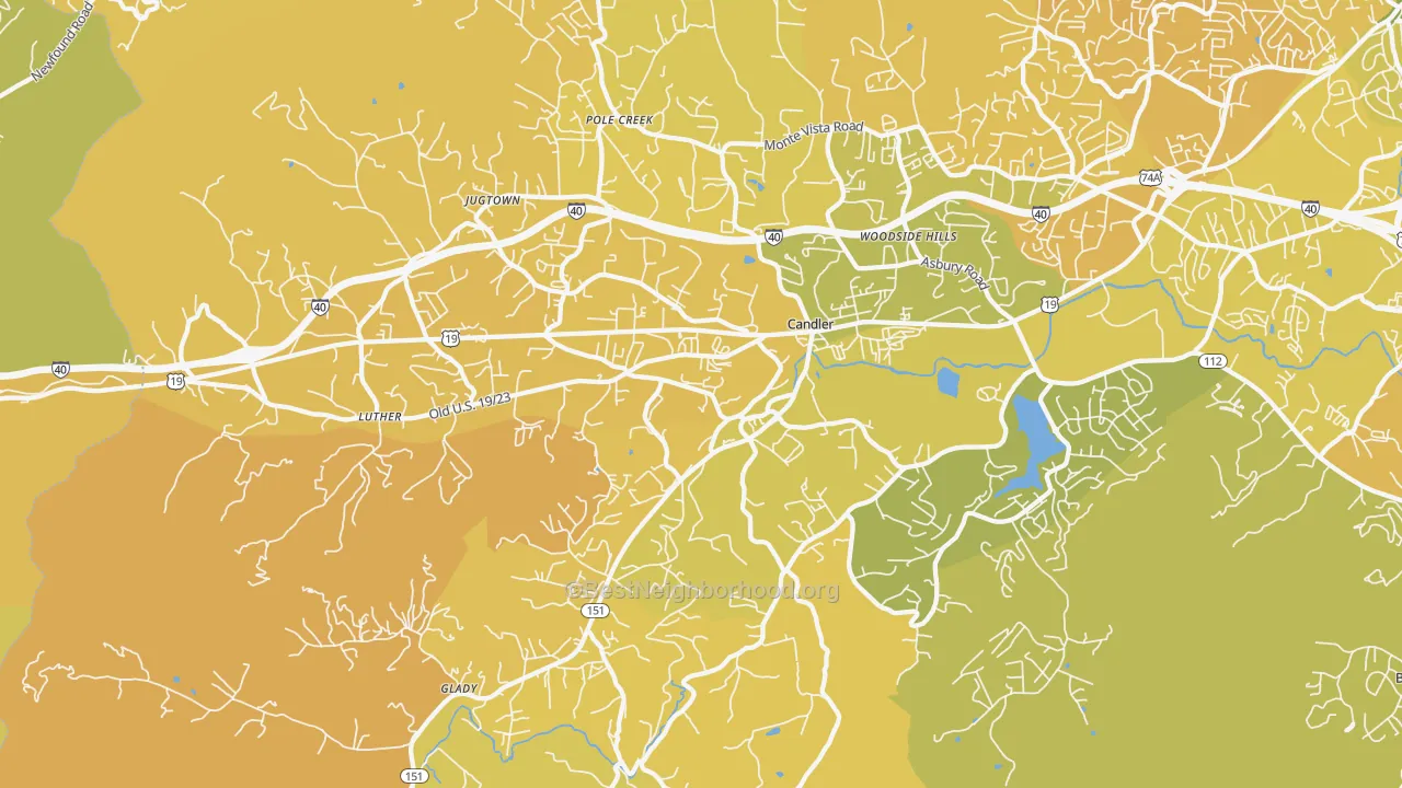 Map of the best neighborhoods in the 28715 area, with better matches in green and worse matches in red