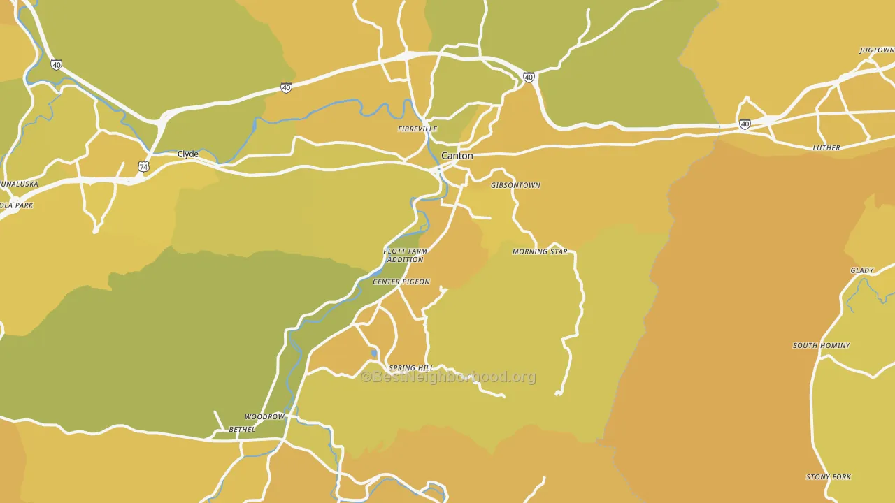 Map of the best neighborhoods in the 28716 area, with better matches in green and worse matches in red