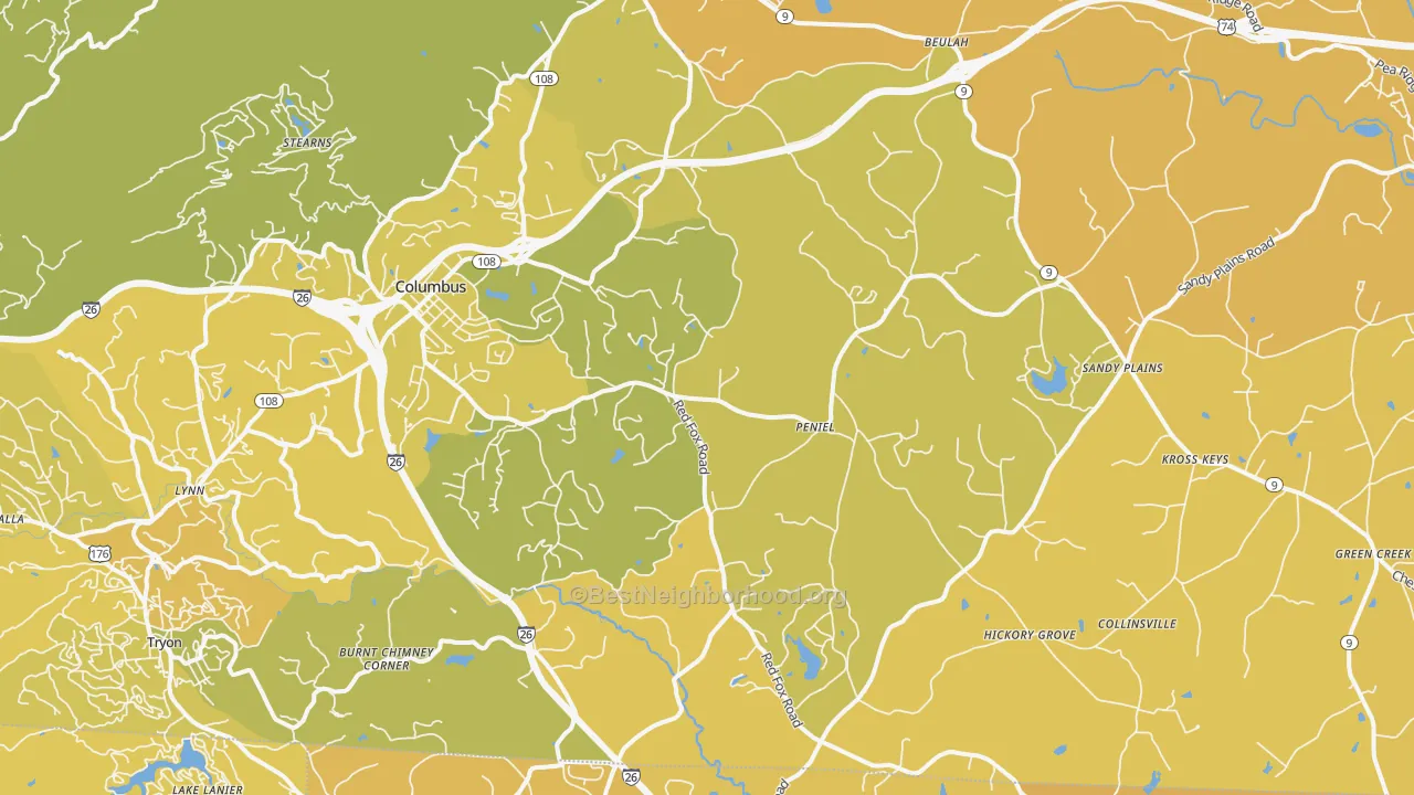 Map of the best neighborhoods in the 28722 area, with better matches in green and worse matches in red