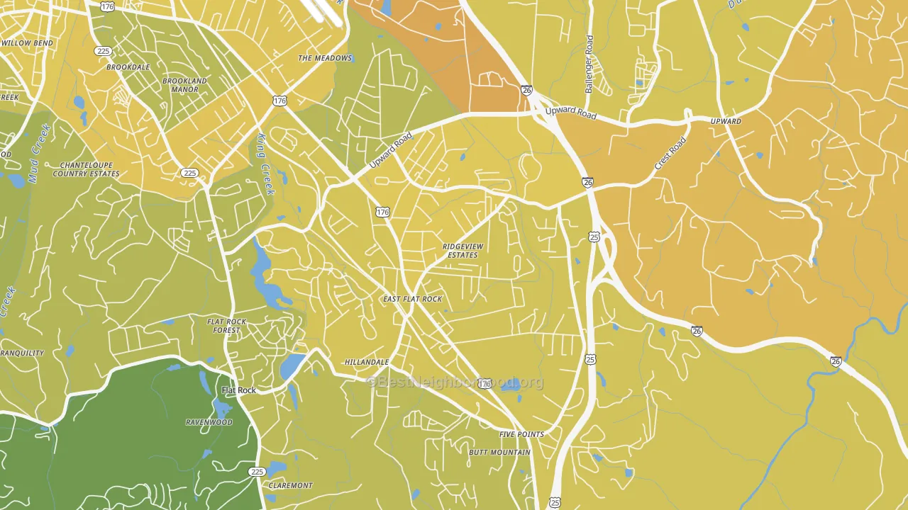 Map of the best neighborhoods in the 28726 area, with better matches in green and worse matches in red