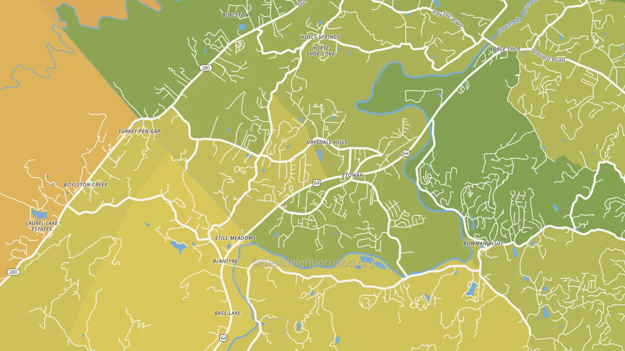 Map of the best neighborhoods in the 28729 area, with better matches in green and worse matches in red