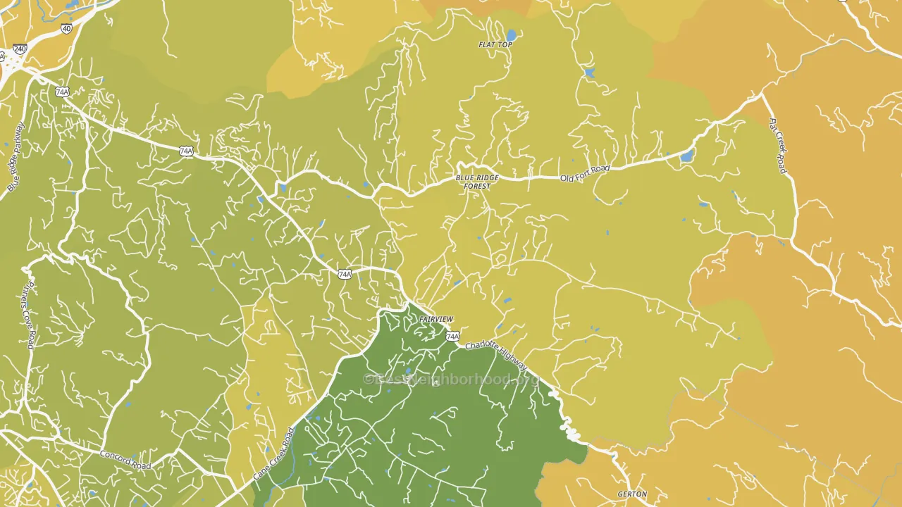 Map of the best neighborhoods in the 28730 area, with better matches in green and worse matches in red