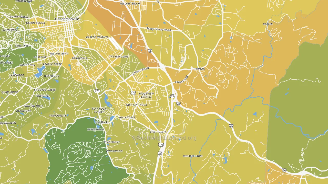 Map of the best neighborhoods in the 28731 area, with better matches in green and worse matches in red