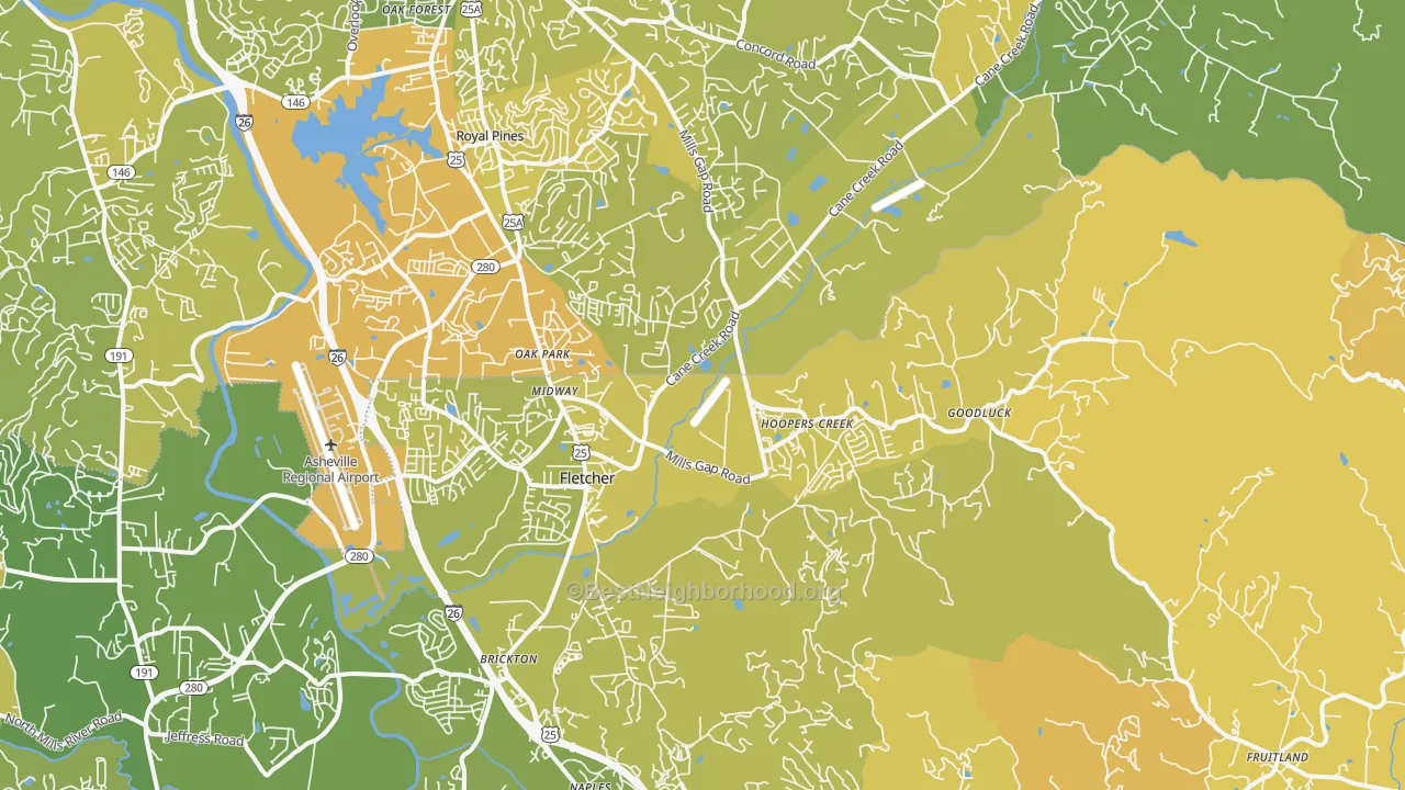 Map of the best neighborhoods in the 28732 area, with better matches in green and worse matches in red