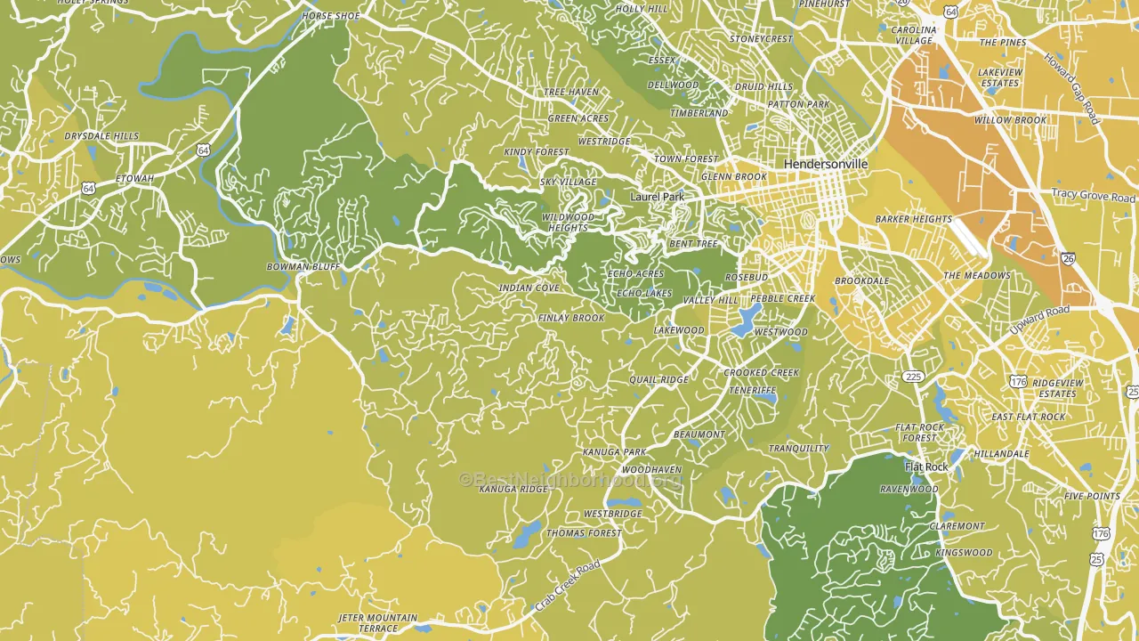 Map of the best neighborhoods in the 28739 area, with better matches in green and worse matches in red
