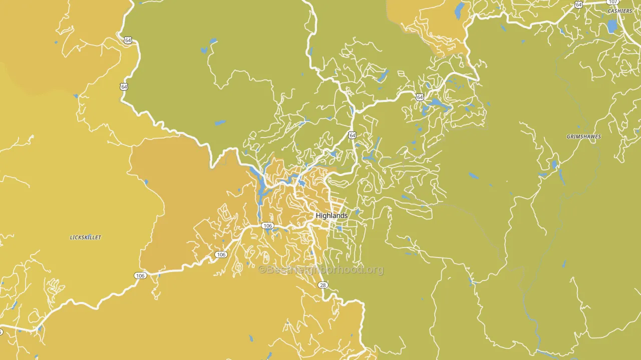Map of the best neighborhoods in the 28741 area, with better matches in green and worse matches in red
