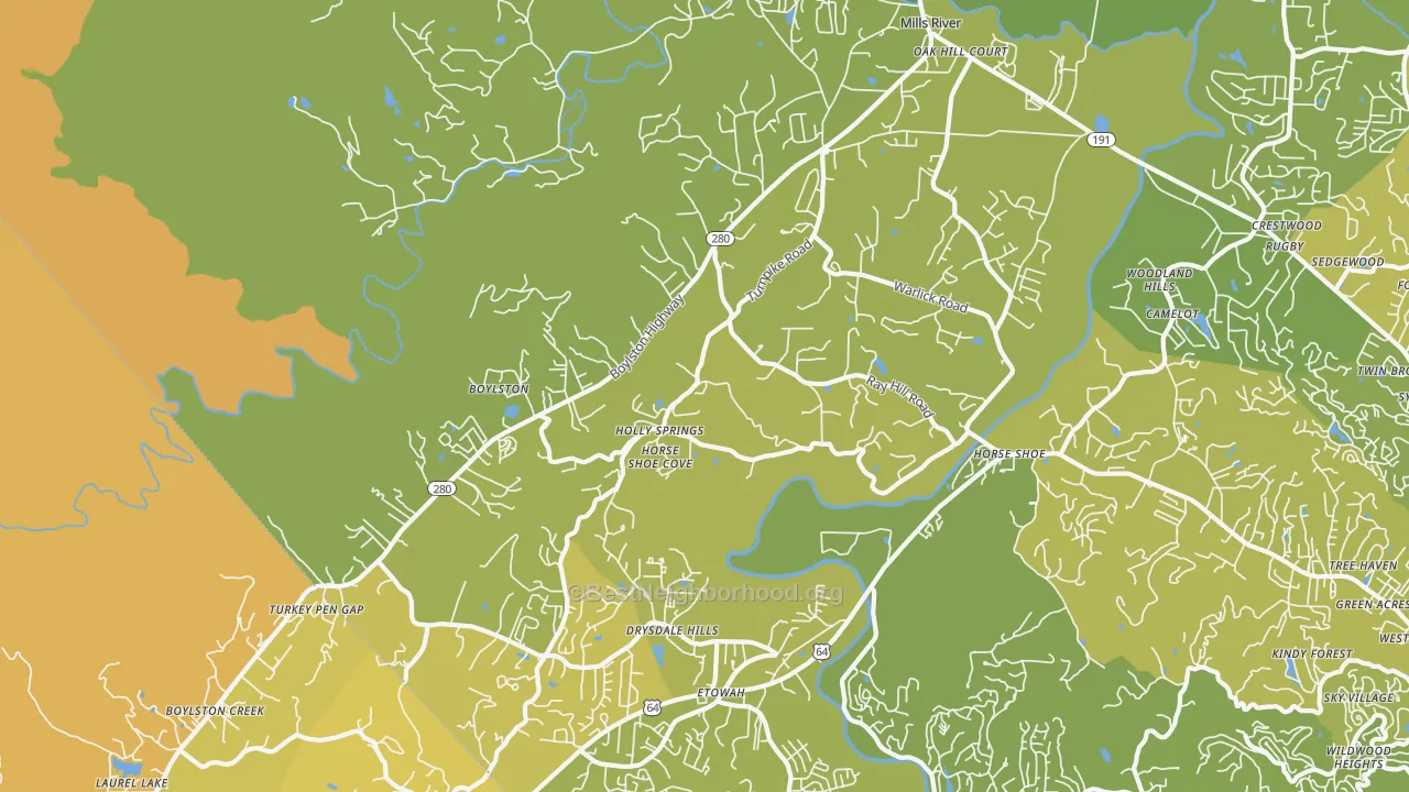 Map of the best neighborhoods in the 28742 area, with better matches in green and worse matches in red